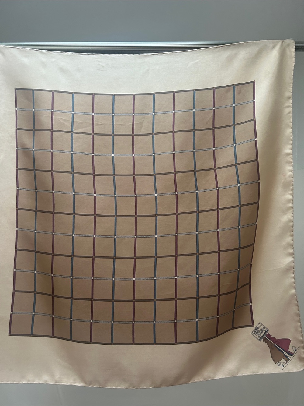 Burberry Cream and Brown Windowpane Silk Scarf. Vintage.